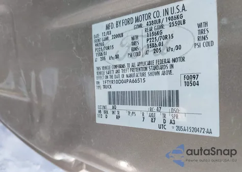 2004 Ford Ranger Xl/Xlt z USA, uszkodzony, nr VIN 1FTYR10D04PA66515